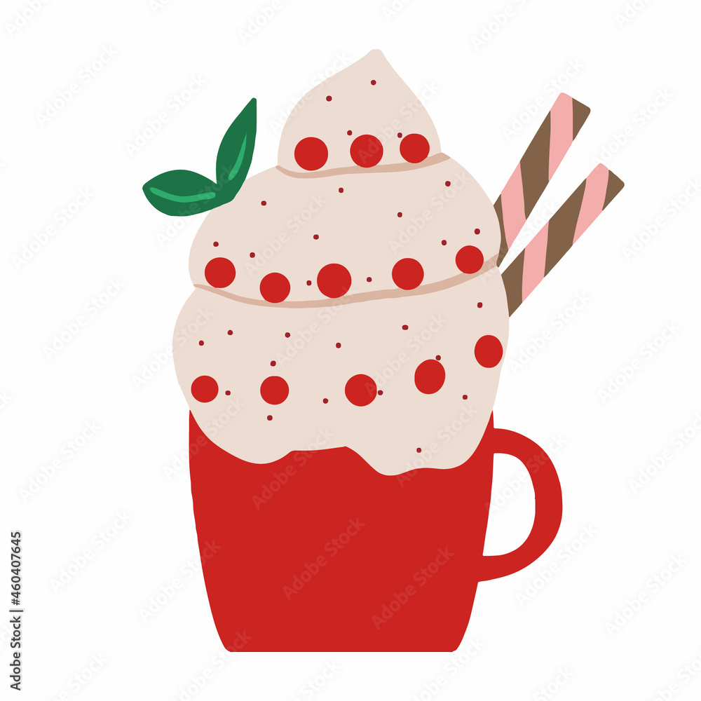 Winter festive cup with a drink. A mug with hot chocolate, cocoa or coffee and cream. With candy and marshmallows. Winter festive cup with a drink. A mug with hot chocolate, cocoa or coffee and cream. With candy and marshmallows.