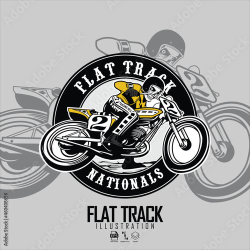 SKULL RIDING FLAT TRACKER MOTORCYCLE ILLUSTRATION