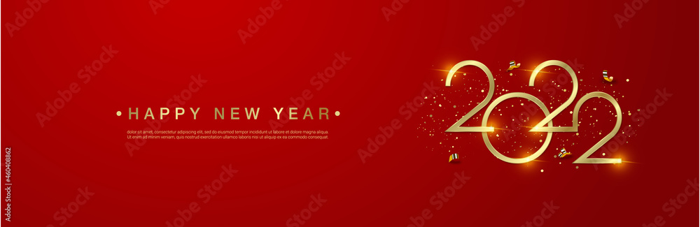 Gold happy new 2022 year on red background