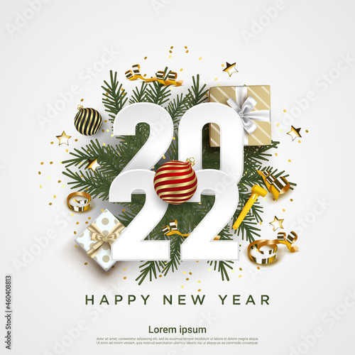 Happy new year 2022 numbers on green fir branches background