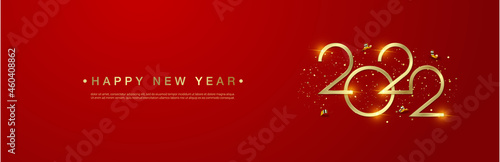 Gold happy new 2022 year on red background