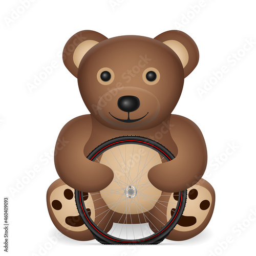 Teddy bear with flat bicycle tyre