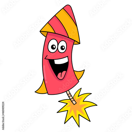 happy faced rocket for fireworks party, doodle icon image kawaii