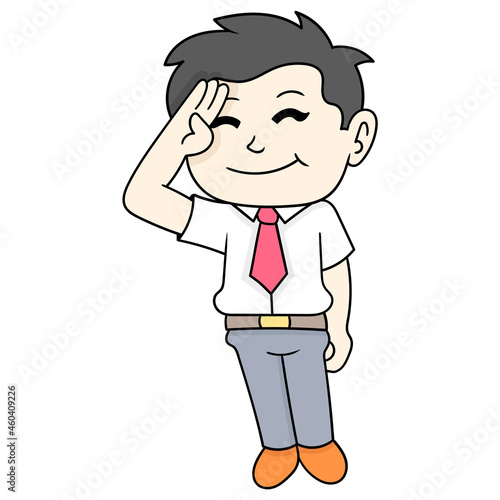 businessman boy standing respectfully, doodle icon image kawaii