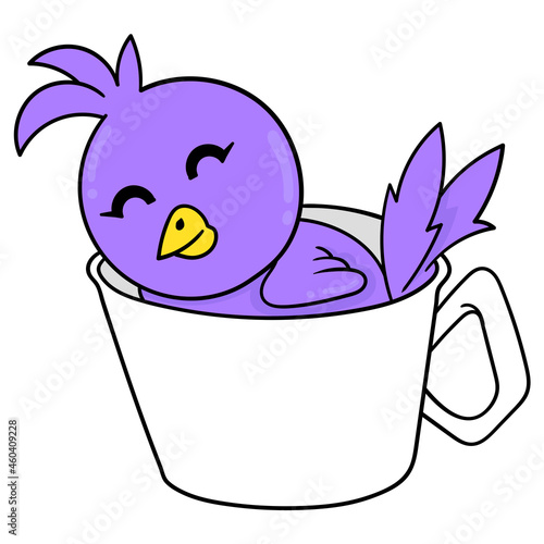 little purple bird is happily sleeping in a mug, doodle icon image kawaii
