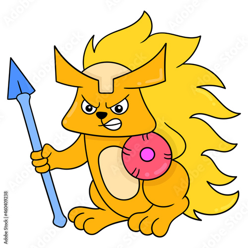 fighter warrior hedgehog carrying spear and shield, doodle icon image kawaii