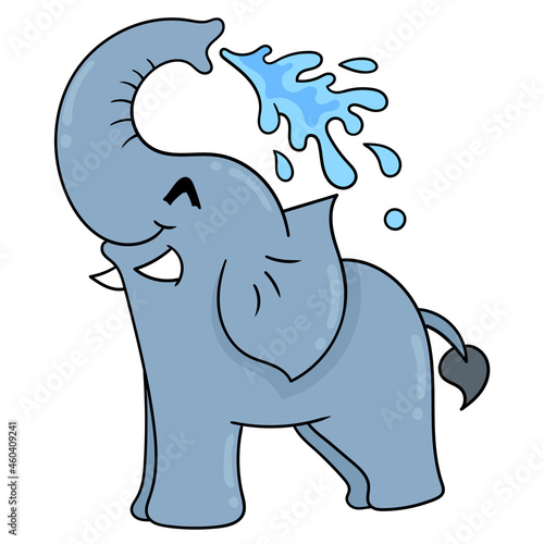 elephant is happy bathing squirting water from trunk, doodle icon image kawaii