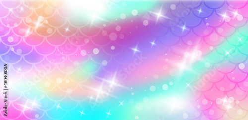 Holographic background with mermaid scales and magic stars. A pattern with a mermaids tail on a gradient. Marine underwater pattern. Vector