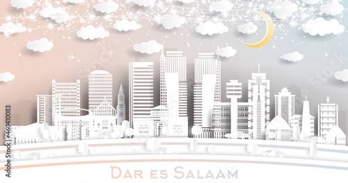 Dar Es Salaam Tanzania City Skyline in Paper Cut Style with White Buildings, Moon and Neon Garland.