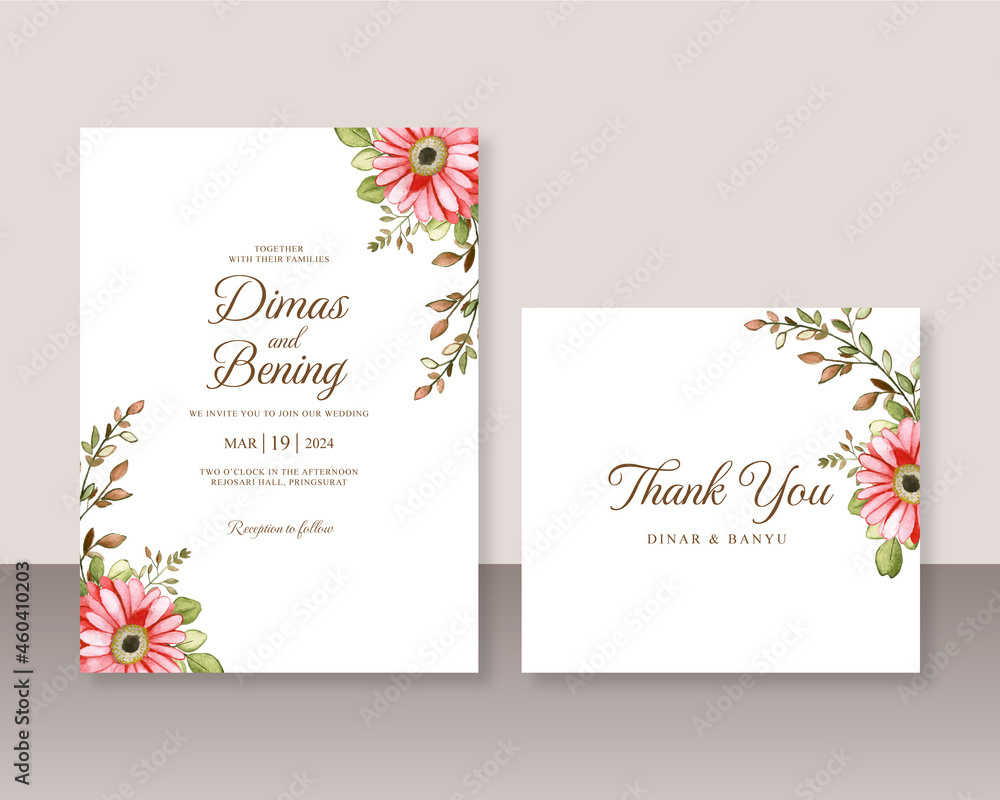 Wedding invitation set template with floral watercolor