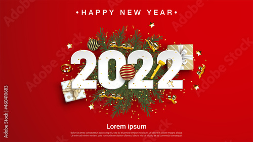 Happy new year 2022 numbers on green fir branches background