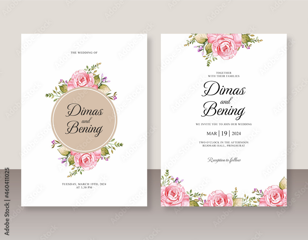 Wedding invitation set template with floral watercolor