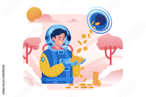 Astronaut receives gold coins from black hole vector ilustration © onama.studio