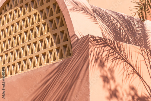 Round roof of an terracotta building with a figured lattice on a sunny day with contrasting shadows from palm leaves photo