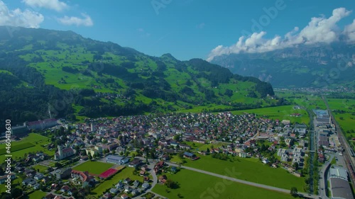 Aerial view around the city Flums in Switzerland on a sunny day in summer.  photo