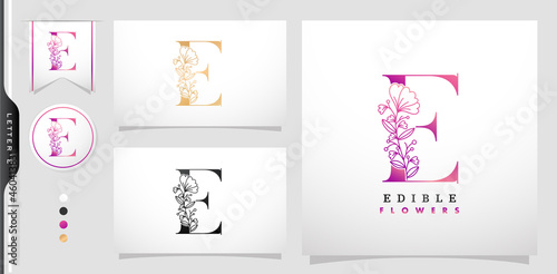 Illustration of Letter E Logotype Edible Flower symbolic with purple gradient colors isolated black and white backgrounds, applicable for product, and logo for corporate brands design.