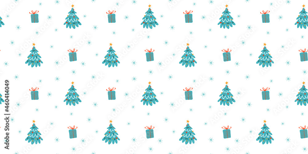 Christmas vector background. Seamless pattern with Christmas tree, snowflakes and presents