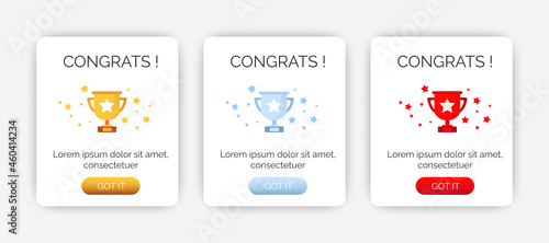 Set of Modern congratulations pop up banner with flat design on white background. Professional web design, full set of elements. User-friendly design materials.