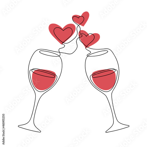 Continuous line art two glasses of red wine. Cheers with wine glasses. Romantic toast concept with heart shapes in one line style.