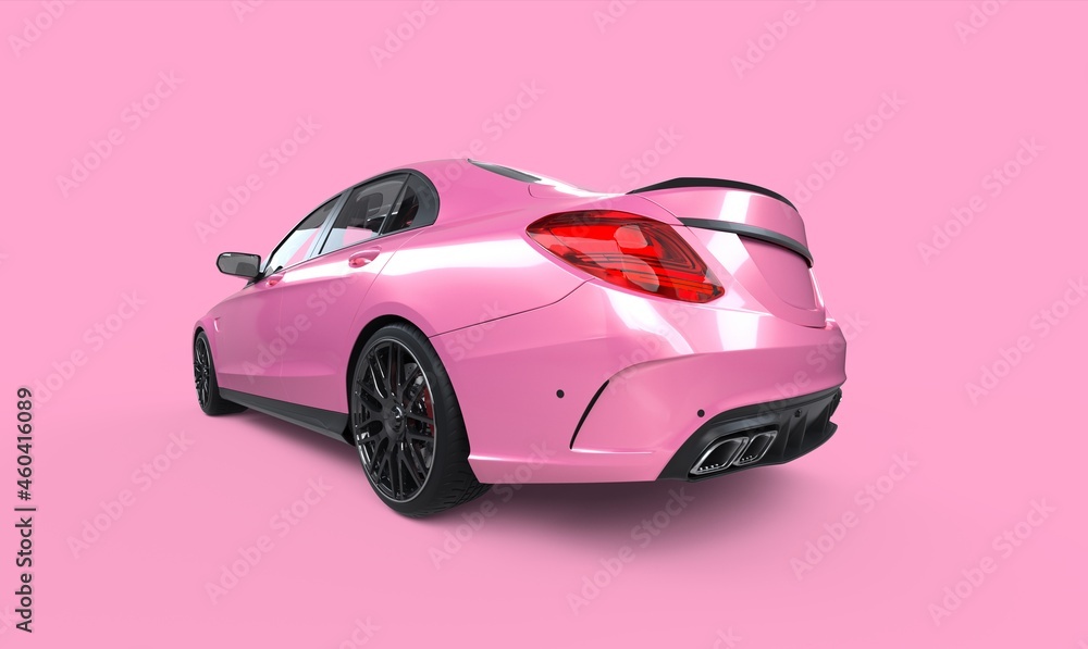 Metallic pink generic vehicle on pink background. Fisheye studio shot. 