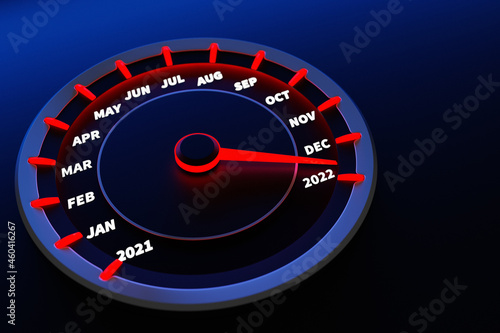 3D illustration close up black speedometer with cutoffs 2021,2022 and calendar months. The concept of the new year and Christmas in the automotive field. Counting months, time until the new year.