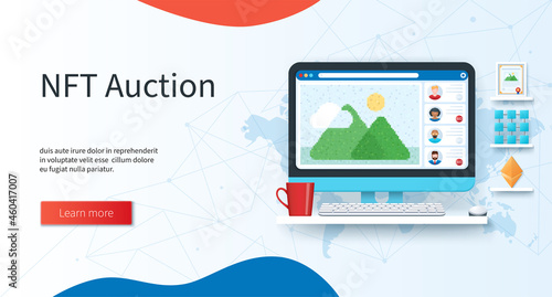 Non fungible token concept. Computer with a picture of the nft auction on screen. Crypto art auction. Painting, certificate and blockchain on the shelf. Web vector illustrations in 3D style