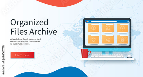 Organized files archive concept. Computer with yellow folders on the screen. File management system, online document storage service, archive, paperwork organization banner. Web vector illustration