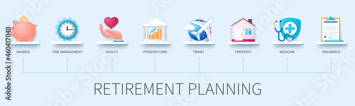 Retirement planning banner with icons. Savings, time management, health, pension fund, travel, property, medicine, insurance icons. Business concept. Web vector infographic in 3D style