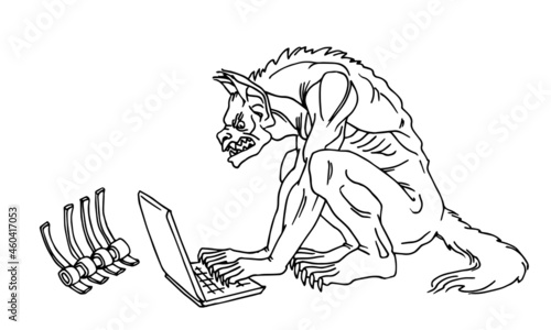 a werewolf is looking for a victim on the Internet, the concept of a cyber crime, vector illustration with contour lines in black ink isolated on a white background in cartoon and hand drawn style