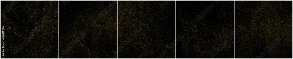 Set of Gold Glitter Texture Isolated on Black Background. Golden stardust. Amber Particles Color. Sparkles Rain. Vector Illustration, Eps 10.