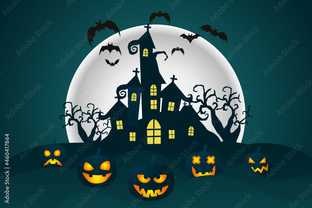 Happy Halloween background with haunted castle,bats, pumpkin and dry tree and spooky moonlight with  blue background