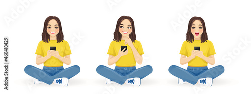 Young beautiful woman using mobile phone sitting in lotus pose with crossed legs isolated vector illustration. Text messaging, thinking and surprised celebrating different gestures.
