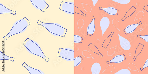 Vermouth bottles with alcohol drop seamless pattern. Line art style. Outline image. Two repeat template. Party drinks. Color Illustration on white background. Flat design style for any purposes