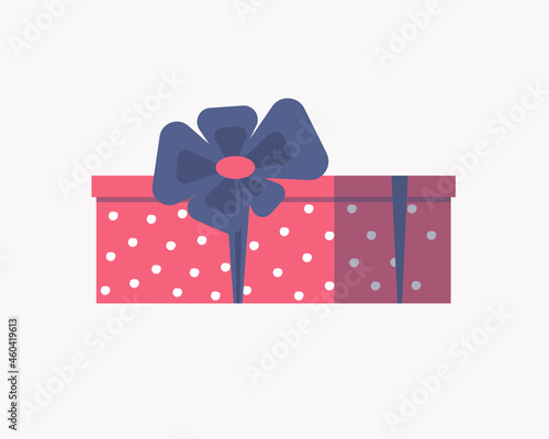 Red gift box with white polka dots decorated with a blue bow. Vector illustration isolated on a white background.