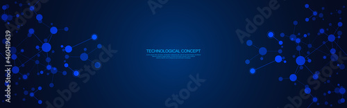 Abstract technology background with molecular structure and genetic engineering, molecules DNA, neural network, scientific research. Vector illustration for innovation technology, science, medicine