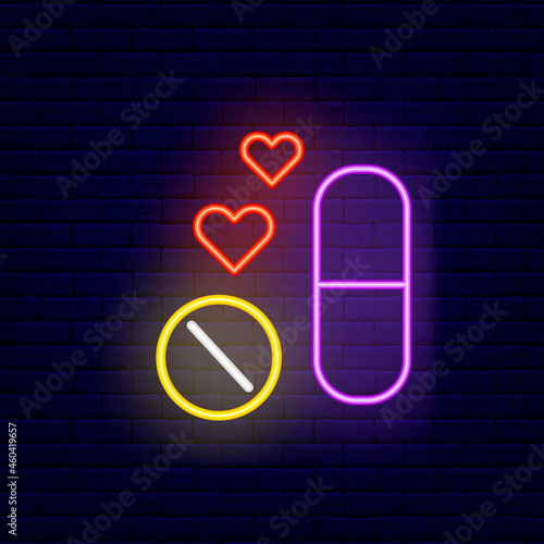 Pills for potency and pheromones neon icon. Sex shop pharmacology. Night signboard. Isolated vector illustration