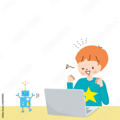 パソコンでプログラミングを学ぶ男の子とロボット