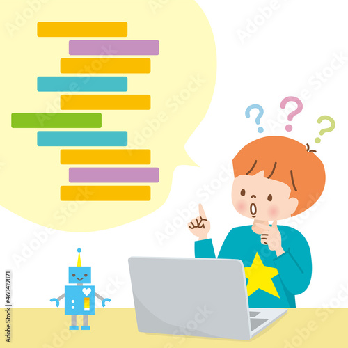 パソコンでプログラミングを学ぶ男の子とロボット