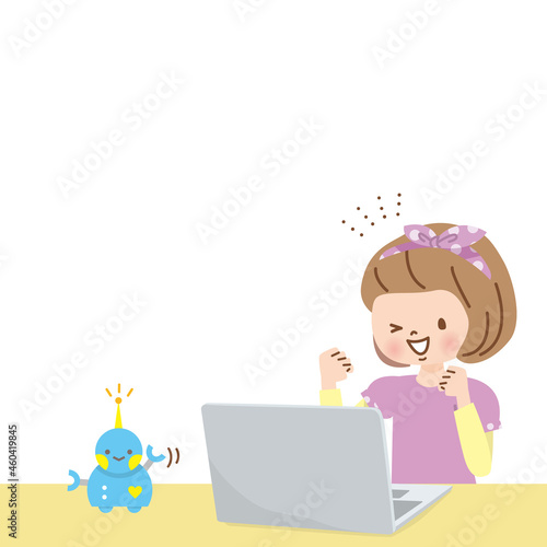 パソコンでプログラミングを学ぶ女の子とロボット