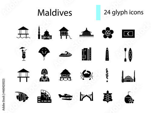 Maldives attractions glyph icons set. National attributes. Tropical resort. Coral islands. Isolated vector illustration