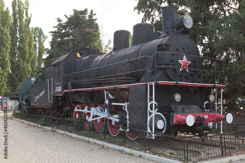 Monument to the armored train Zheleznyakov - the El-2500 steam locomotive and the TM-1-180 railway artillery mount near the Sevastopol railway station, Crimea