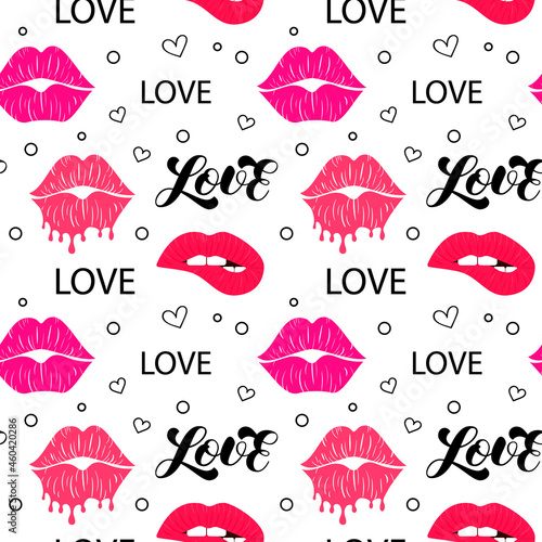 Kissing and biting lips. Melting lipstick. Seamless pattern. Love lettering. Isolated vector illustration.