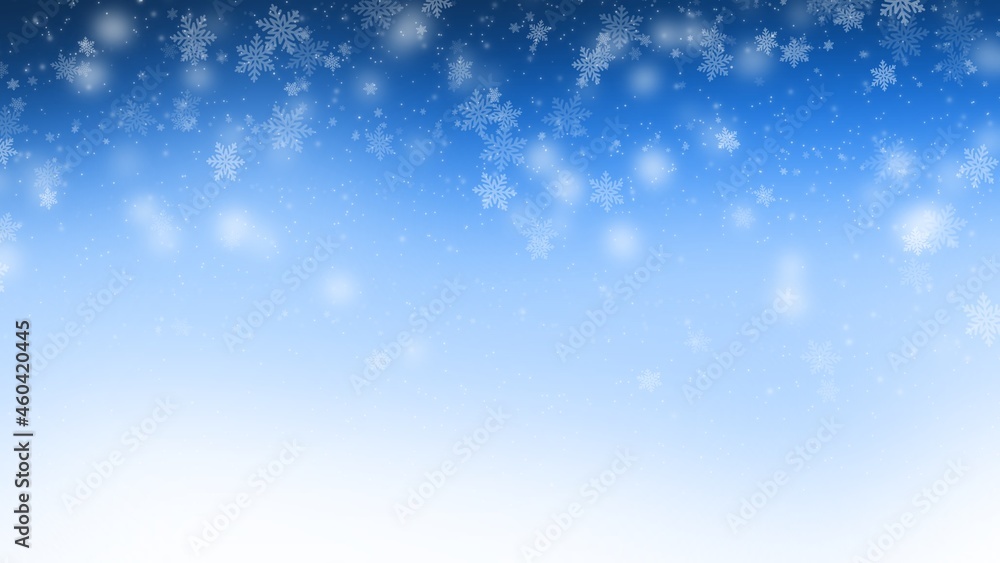 Abstract snowflake with bokeh blurred on blue background in Christmas holiday isolated on white background , wallpaper illustration 