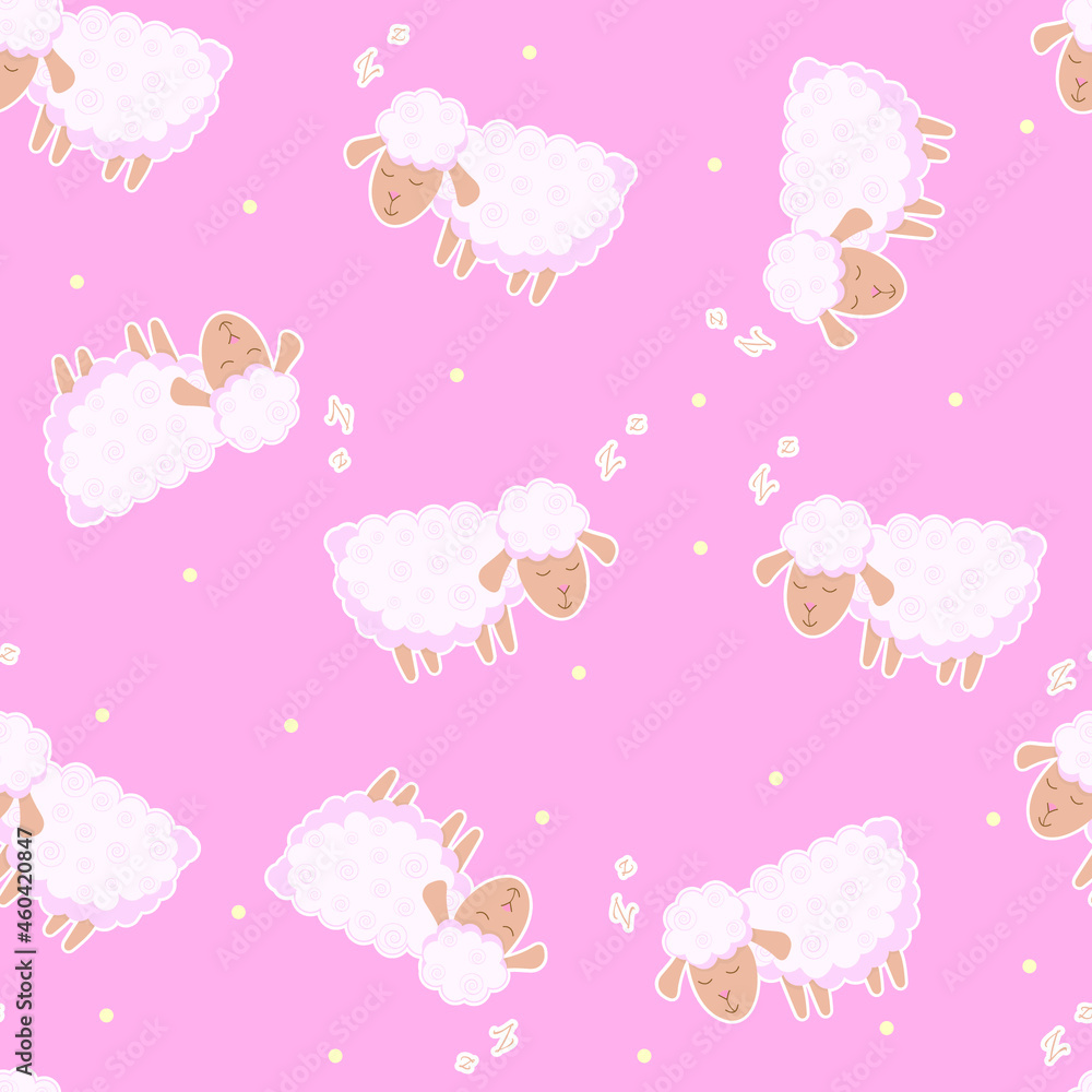Seamless pattern with cute sheep on pink background. Sleeping sheep. Vector illustration.