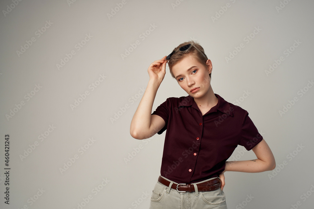 beautiful woman in a red shirt classic style isolated background beautiful woman in a red shirt classic style isolated background