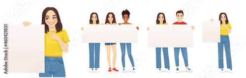 Beautiful smiling young woman in jeans with short hairstyle pointing to empty board. Happy group of friends holding blank placard standing together full length isolated vector illustration