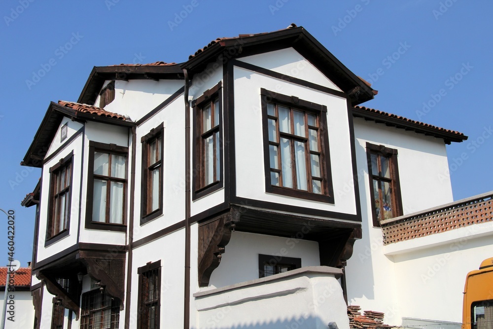 Traditional houses on Mahmut Dede Street. The house was built in mudbrick at the end of the 20th century. Traditional Konya houses usually consist of two floors. Konya, Turkey.