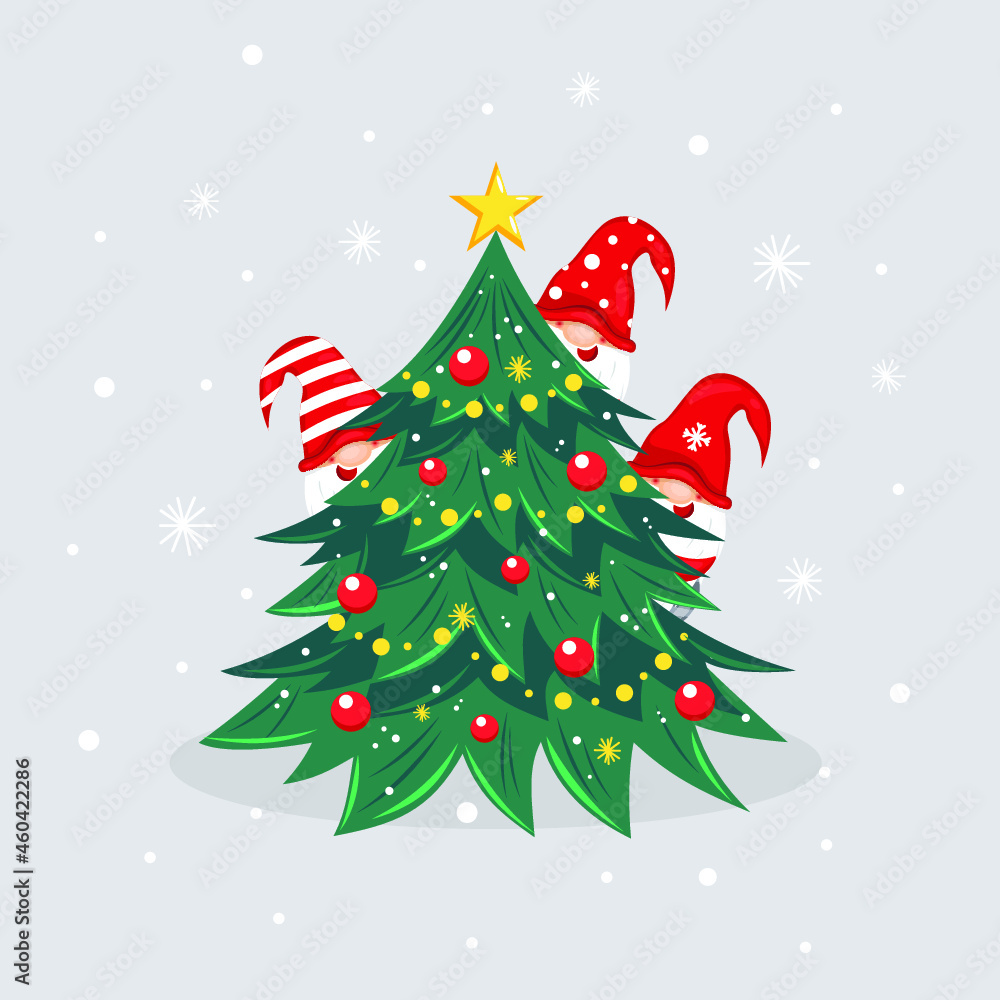 christmas illustration gnomes with christmas tree