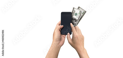 Blank screen of Mobile phone with hand holding phone isolated on white background. of free space for your copy, Clipping path.
