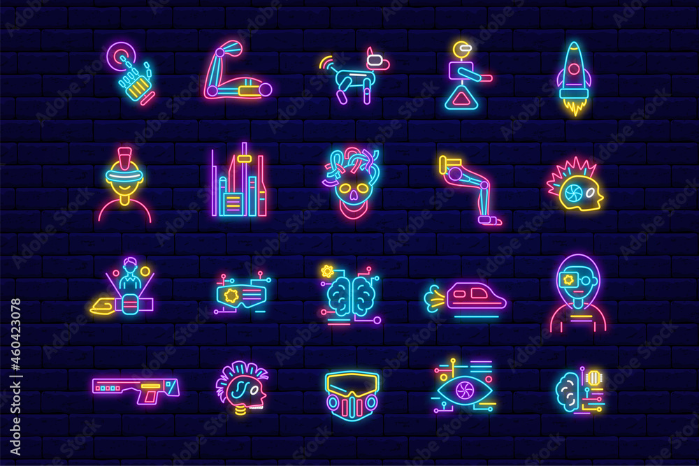 Cyberpunk neon icons set. Exoskeleton and high tech technology 